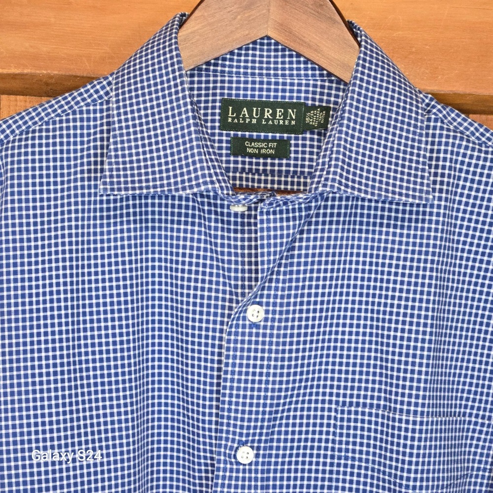 Lauren Ralph Lauren Mens Blue White Micro Check Non Iron Dress Shirt 16.5 34/35 - Picture 1 of 4